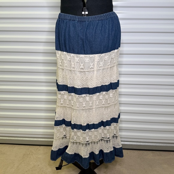 New Direction Womens XL Denim and Lace Lined Boho Peasant Maxi Skirt - Picture 3 of 8